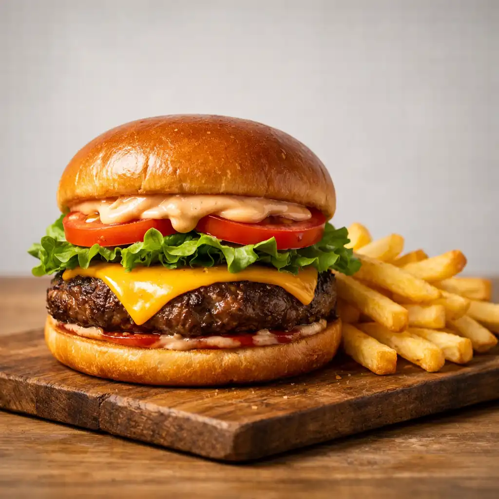 Arcade Angus Burger with cheddar, lettuce, tomato, and secret sauce served with fries