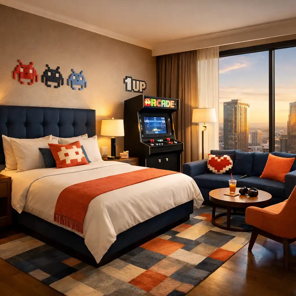 A spacious deluxe room with a king bed, seating area, and retro arcade machine