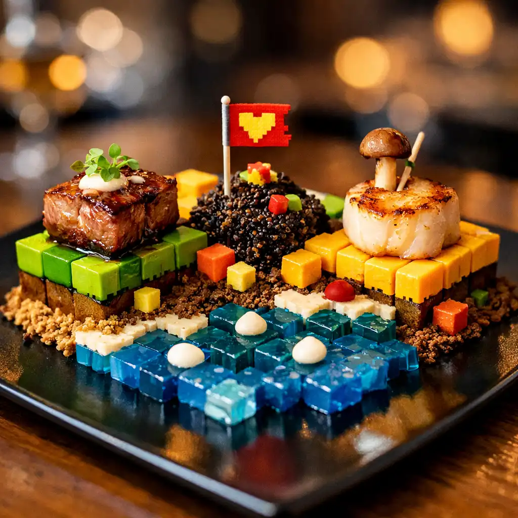 Playful gourmet dish with pixel-art inspired plating at Arcade Bites Restaurant