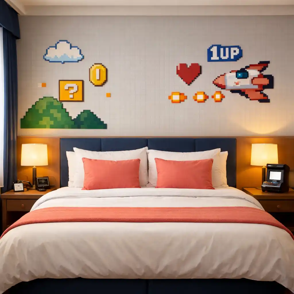 A cozy Novarest hotel room with coral accents, pixel-art wall decor, and a comfortable bed