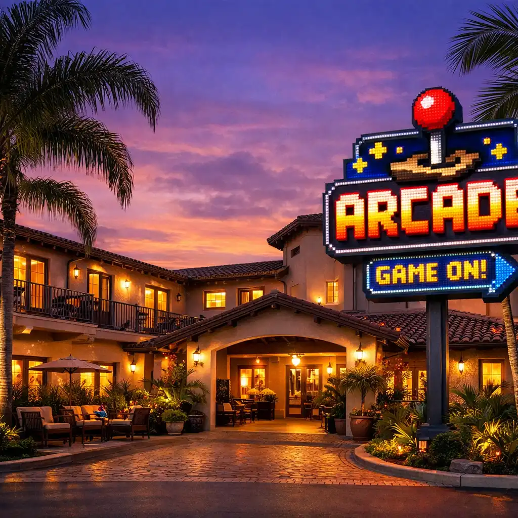 Novarest Hotel exterior at dusk with warm lights, retro arcade sign, and palm trees