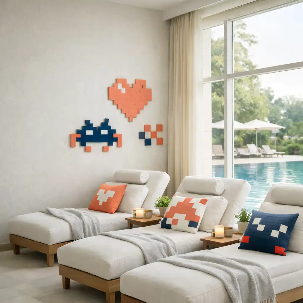 Serene hotel relaxation area with comfortable lounge chairs and a calm pool, featuring subtle pixel-art accents
