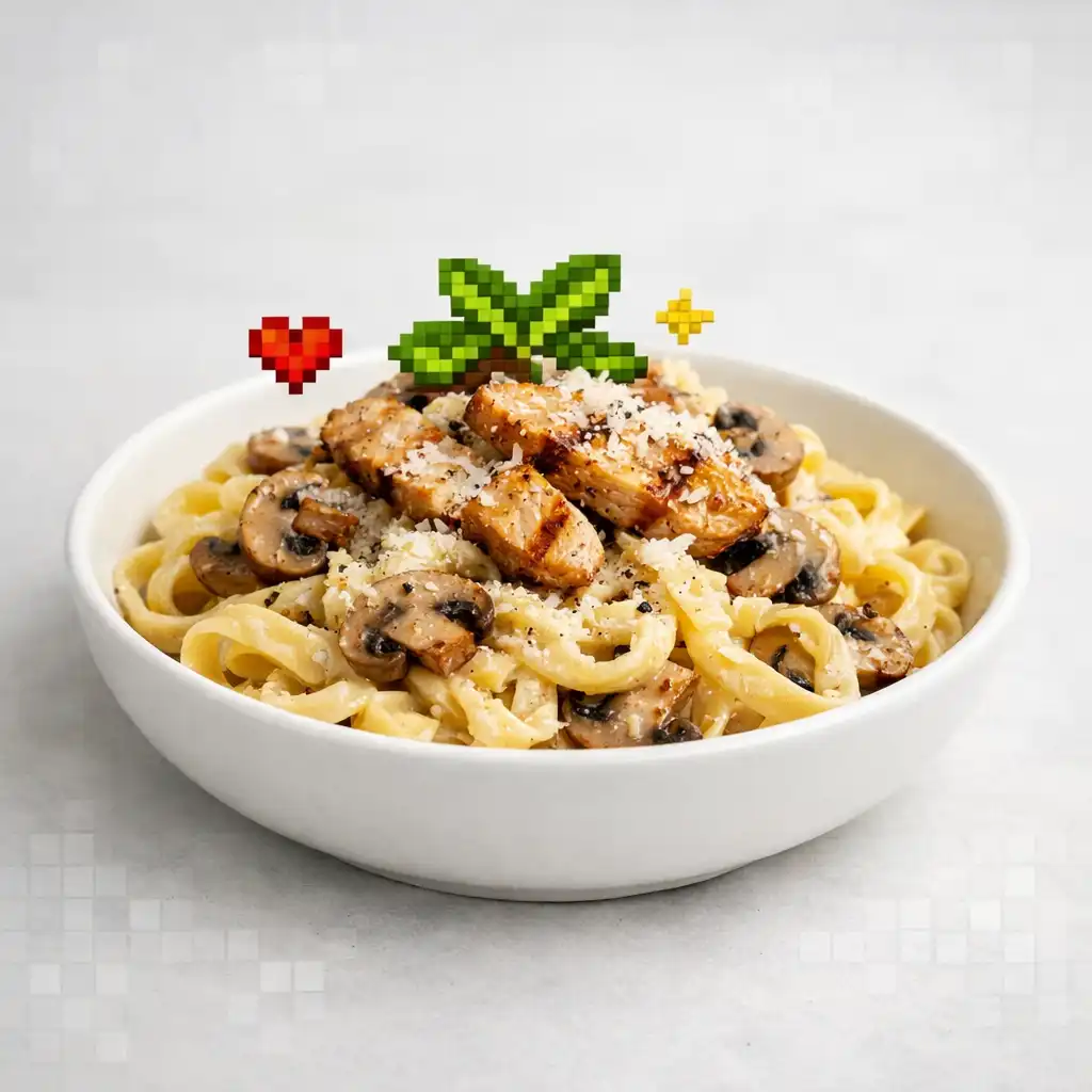 Pac-Man Pasta with creamy fettuccine, grilled chicken, mushrooms, and parmesan