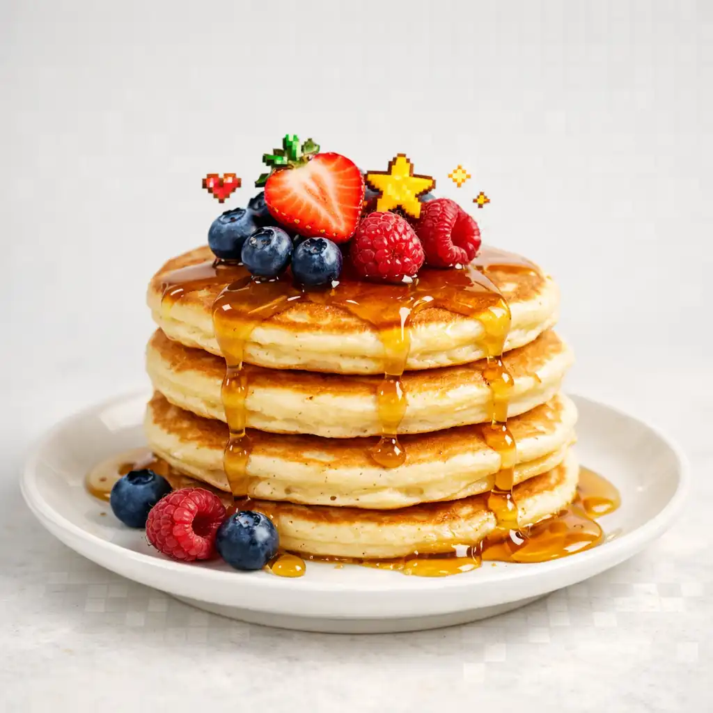 Pixel-Perfect Pancakes topped with maple syrup and fresh berries