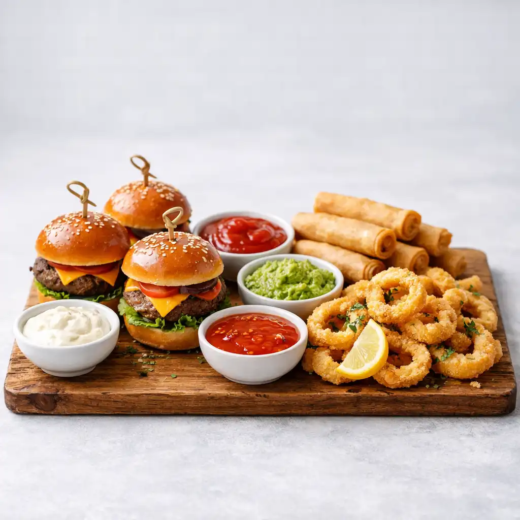 Chef's Special Pixel Platter with mini burgers, spring rolls, calamari, and dips on a wooden board