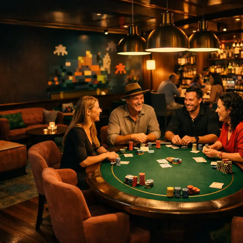 A stylish hotel poker lounge in the evening with guests seated around a green felt table