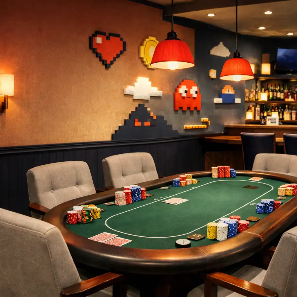 Warm, inviting interior of the Novarest Hotel poker lounge with a professional poker table, colorful chips, and comfortable chairs