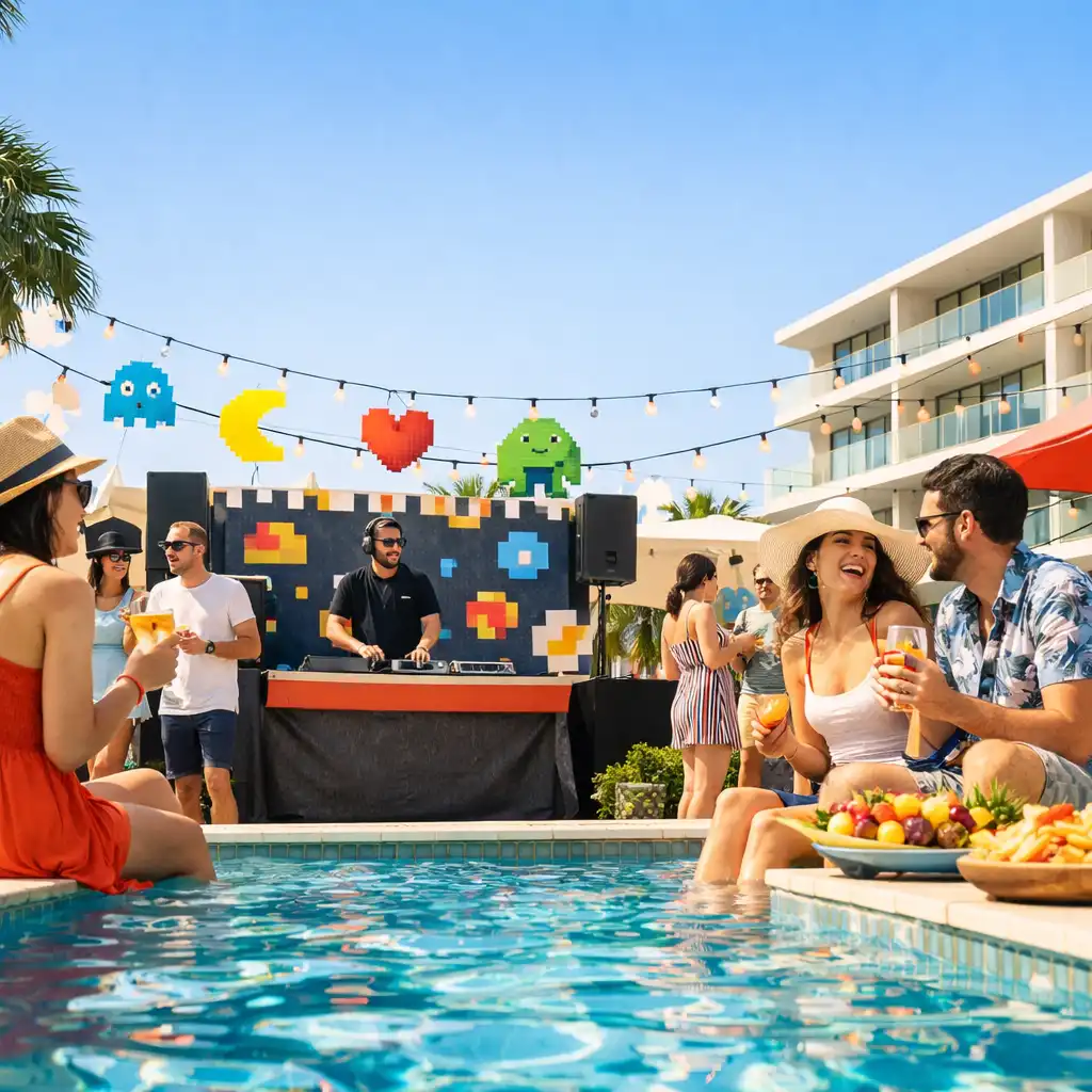 A lively poolside event at Novarest Hotel with guests enjoying cocktails and a DJ booth in the background