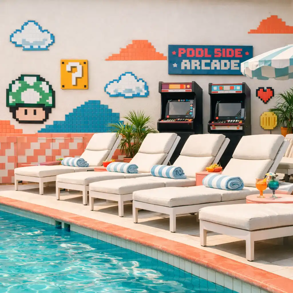 Bright hotel pool area with retro pixel-art tile accents and lounge chairs