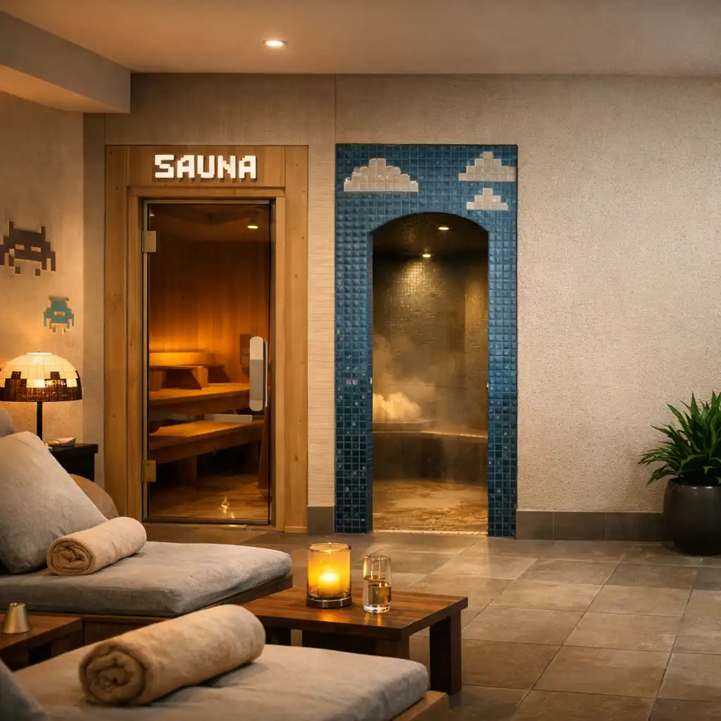 Serene hotel wellness area with sauna door, steam room, and quiet relaxation lounge