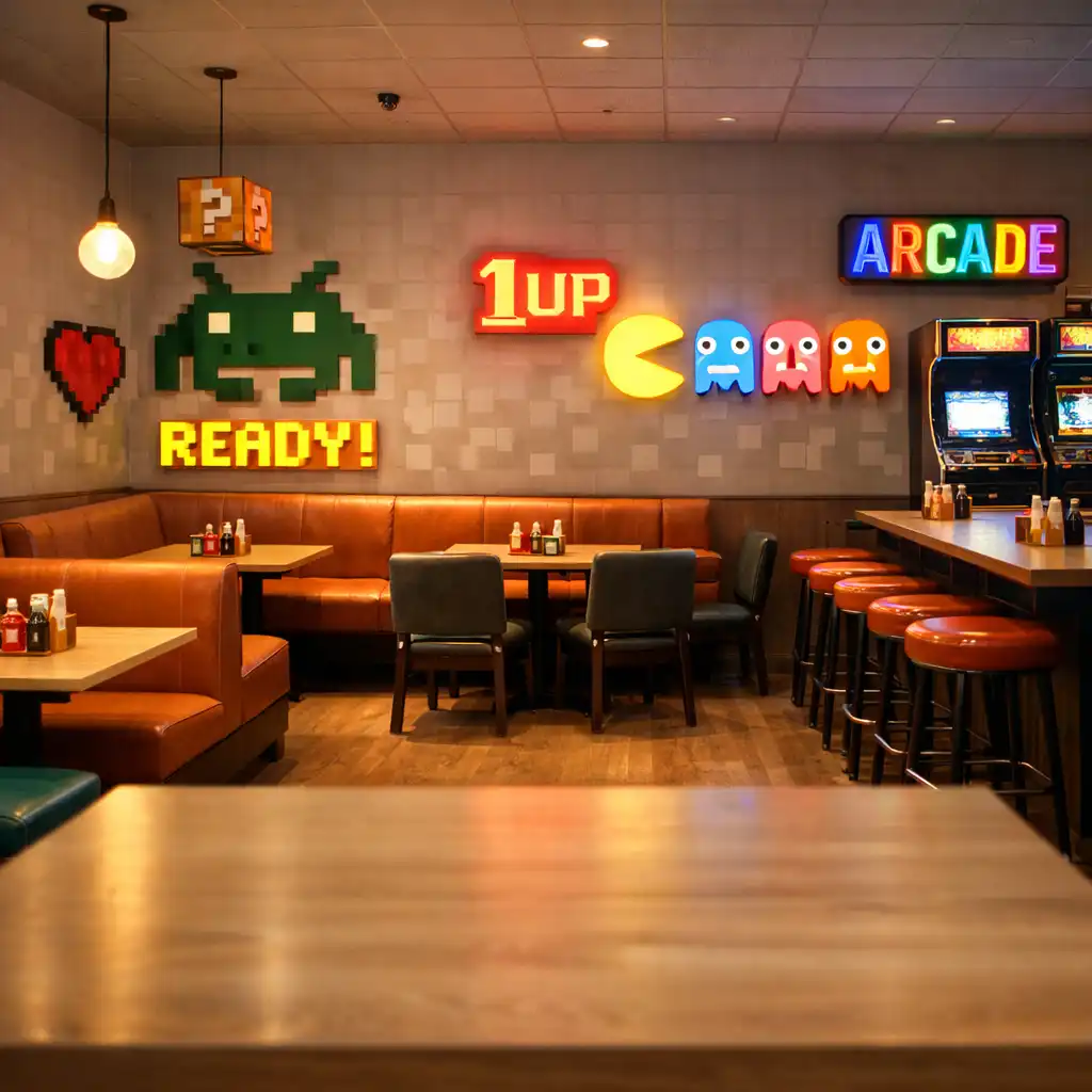 Interior of The Arcade Bistro with retro arcade-inspired decor, pixel art accents, and warm lighting