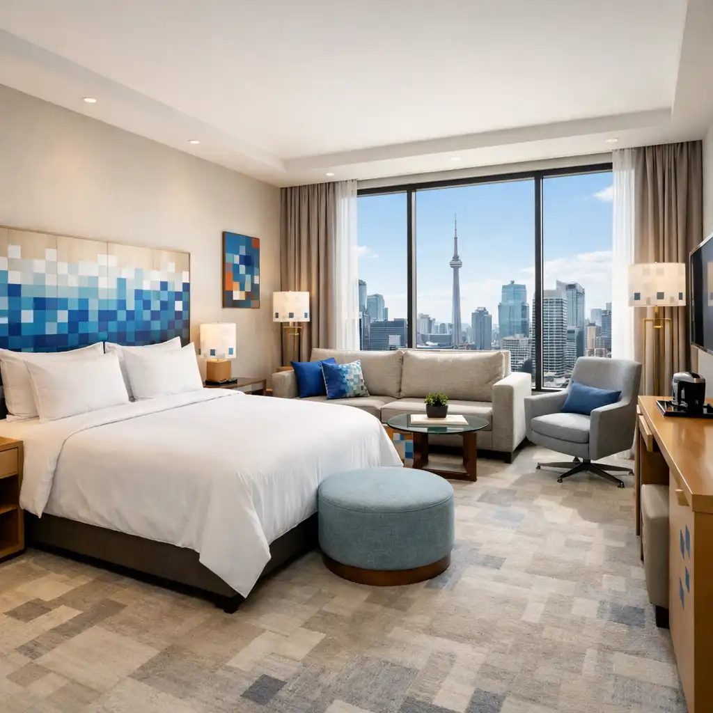 Deluxe room with king bed, seating area, and city view