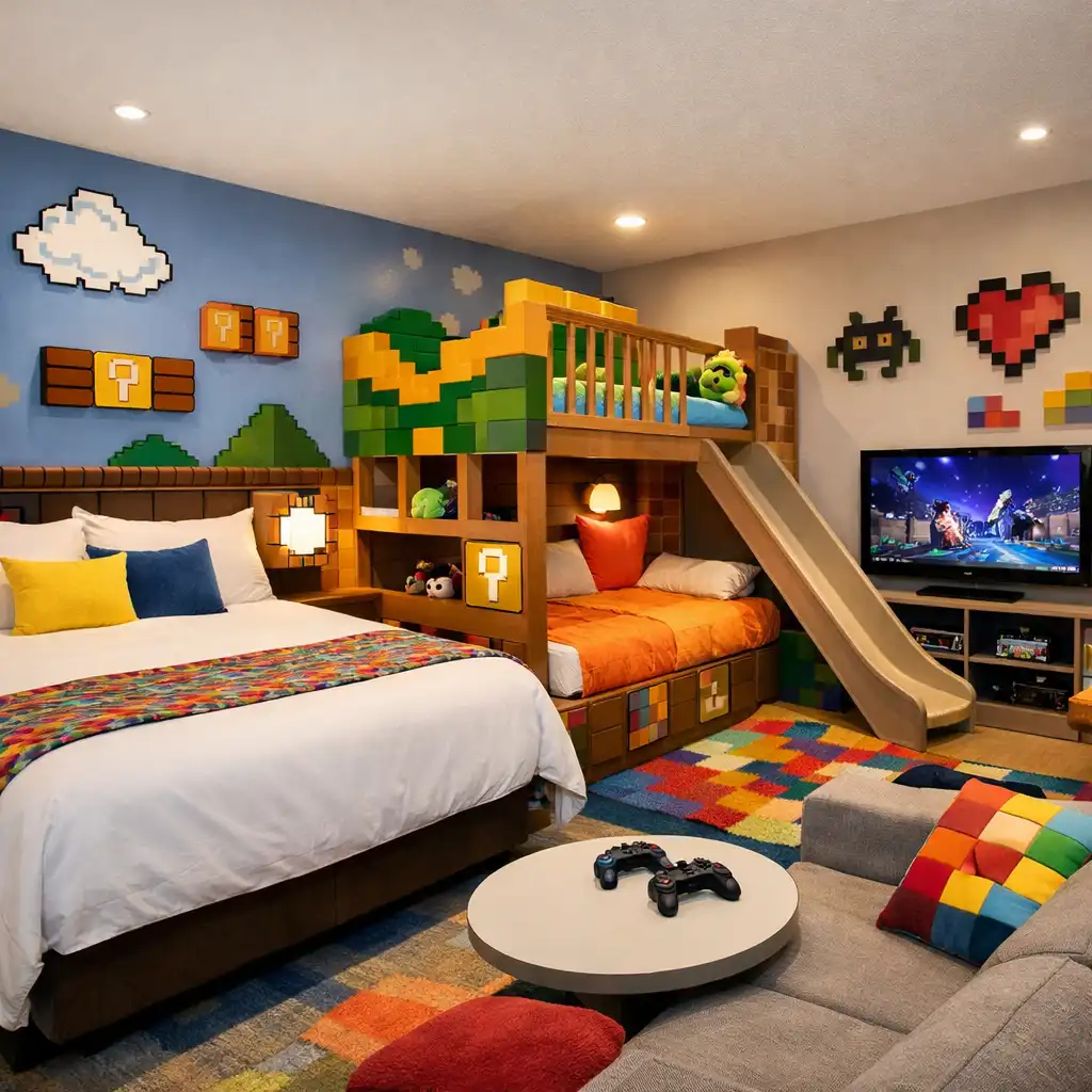 Family suite with queen bed, bunk beds, and lounge area