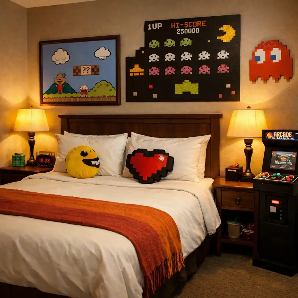 Standard room with queen bed and retro arcade decor