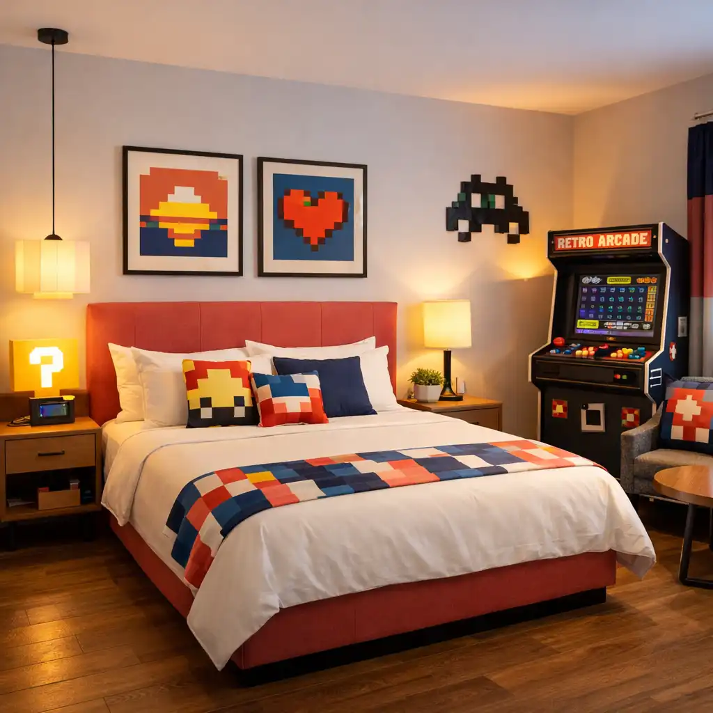 A stylish Novarest Hotel room with pixel-art decor, a queen bed, and a retro arcade cabinet