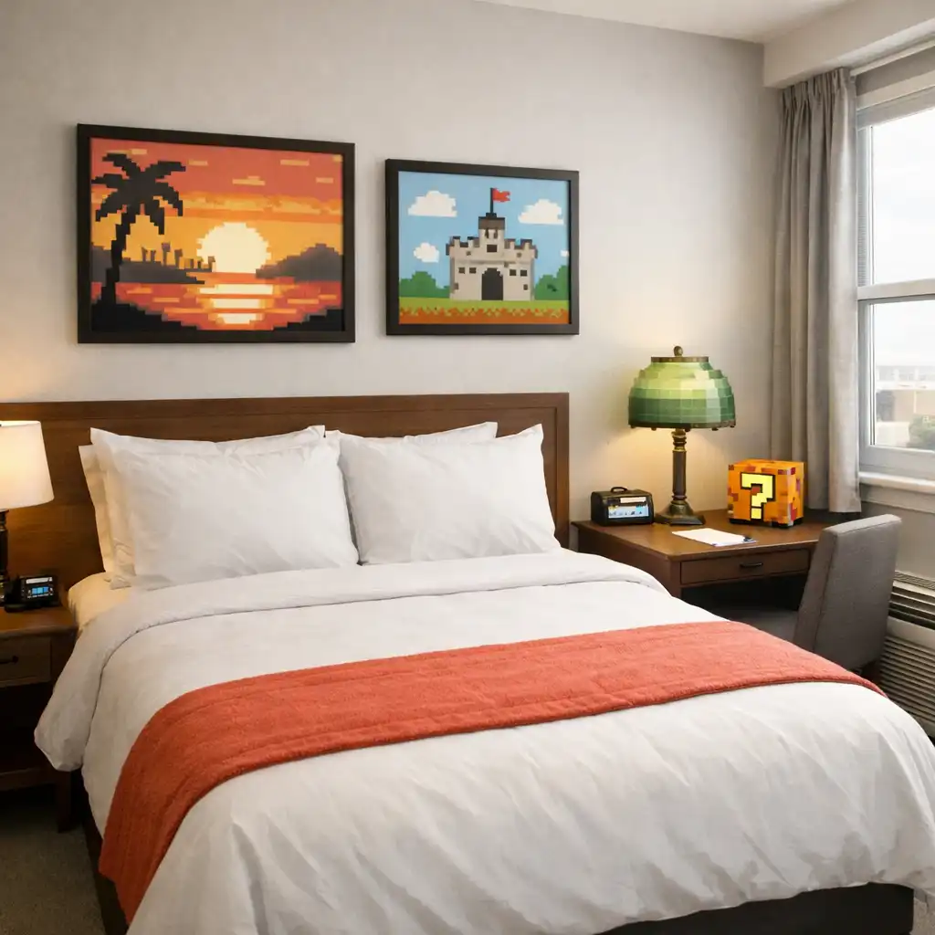 A cozy standard room with a queen bed, coral accent blanket, and pixel-art wall art