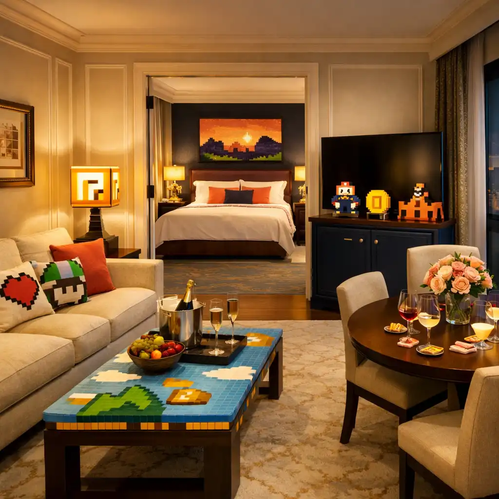 A luxurious suite with a separate living area, sofa, dining table, and king bed visible through an open doorway
